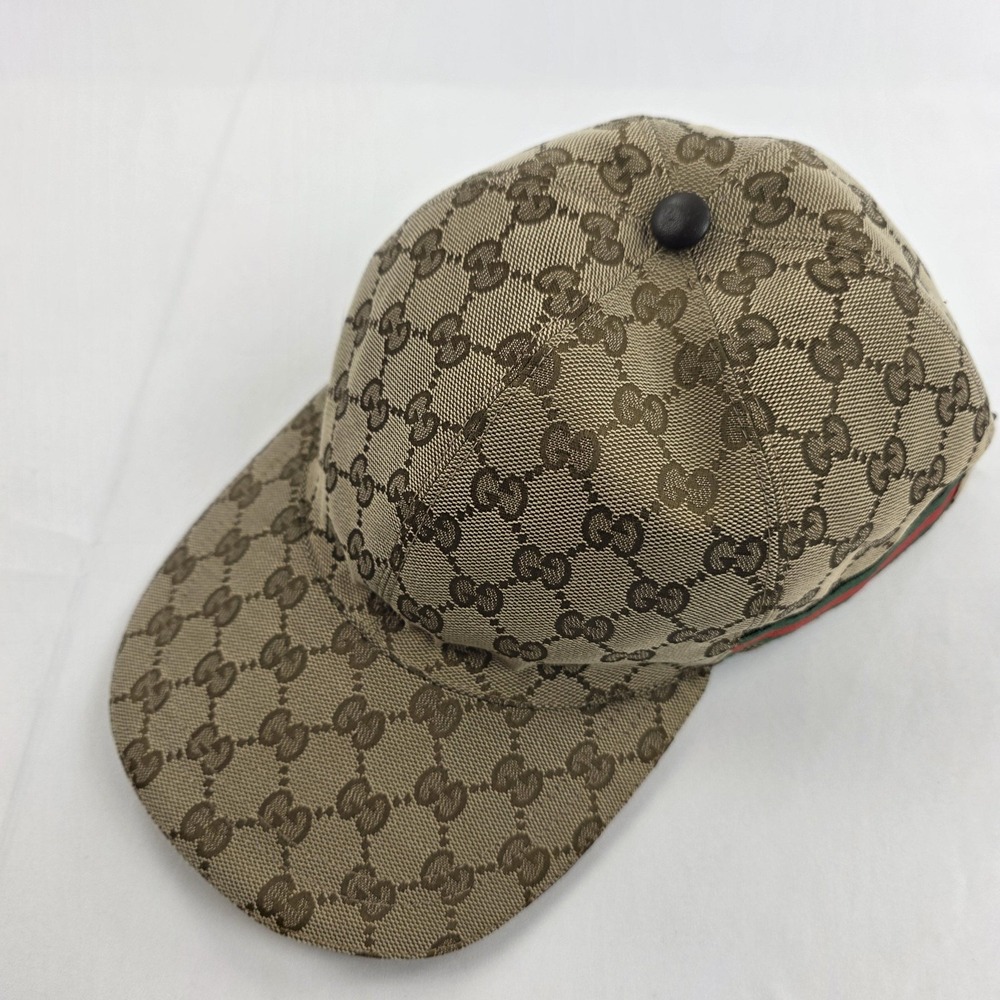 Gucci Hat Cap Strap Back Beige GG Monogram Web Stripe Mens Large Italy